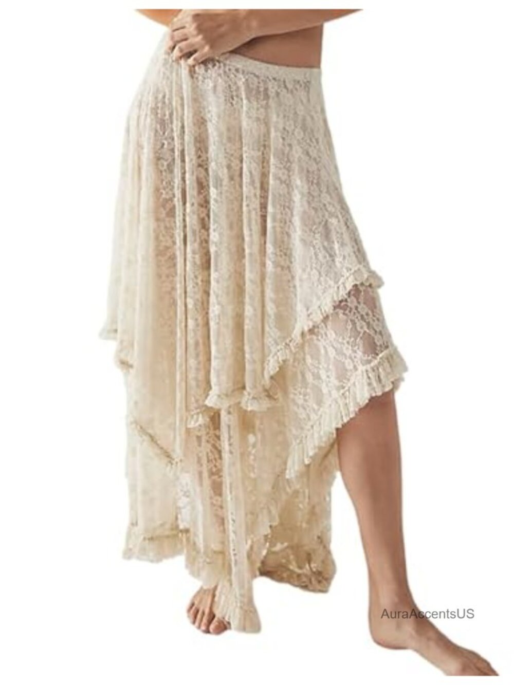 Women's Asymmetrical Flowy Lace Boho Maxi Skirt with Elastic Waist